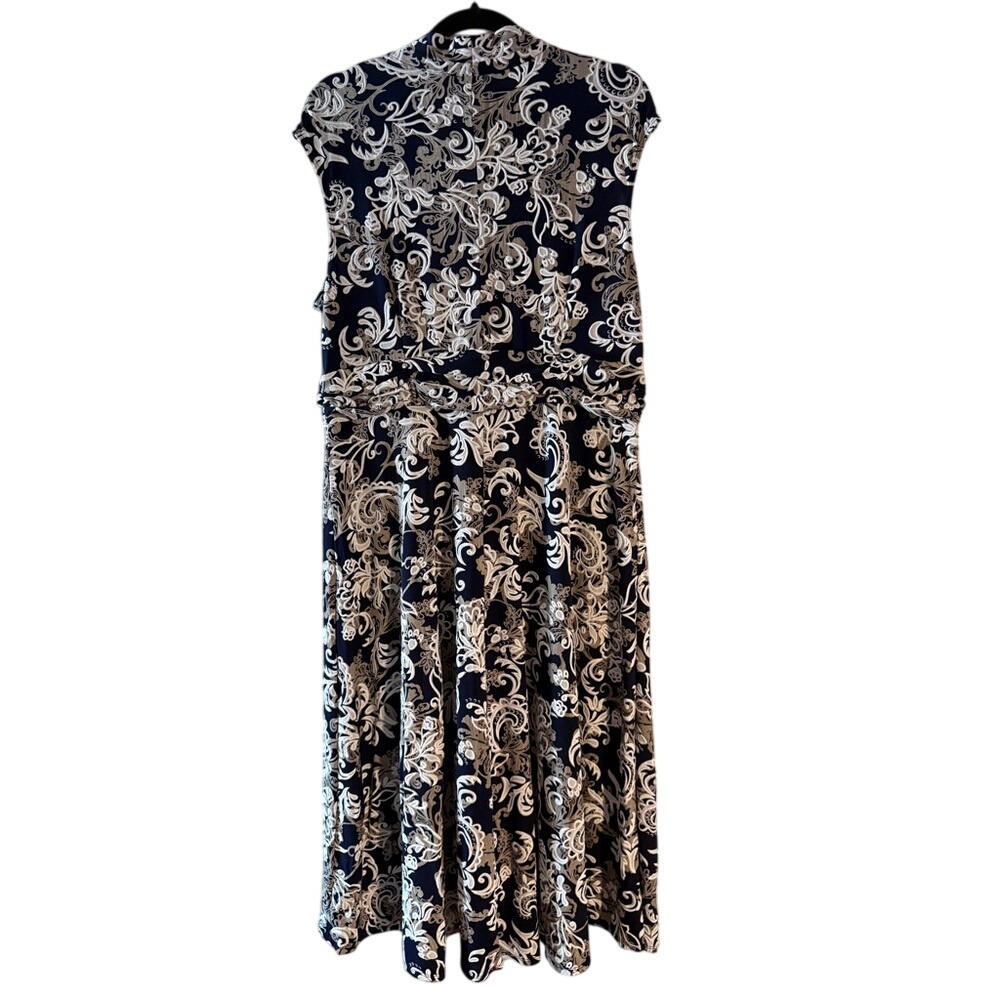 PERCEPTIONS NEW YORK Womens XL Navy White Paisley Sleeveless V Neck Midi Dress - Picture 4 of 4